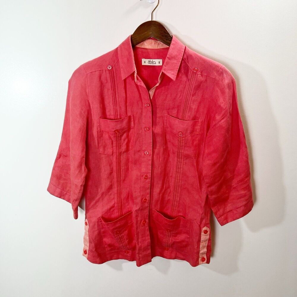 Abito Womens Linen Blouse Size S Pink Salmon Button Up Beachy Boho Vibrant Comfy